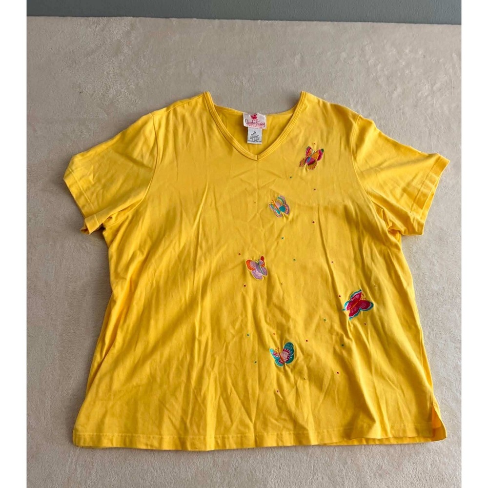 Quacker Factory Yellow Butterfly Embroidered V-Neck Top 3X Cotton Short Sleeve